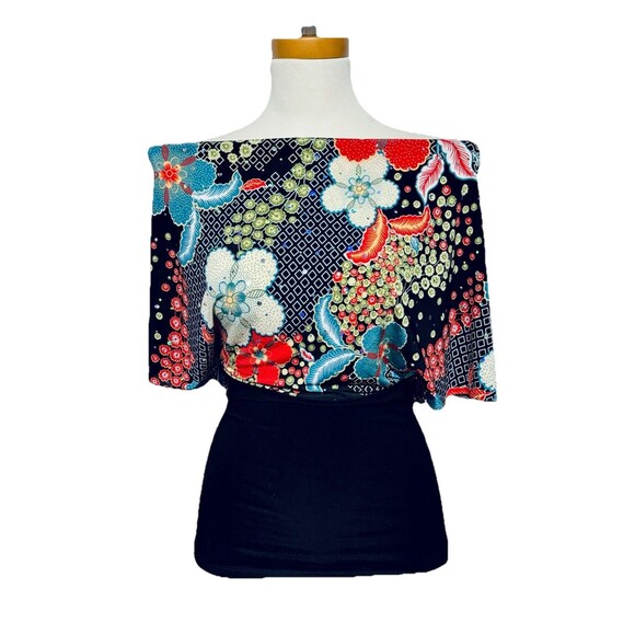 Y2K Multicolor Floral Top w Sparkle Dots Fitted Lower Off Shoulder Sydney Joy S - Picture 1 of 9